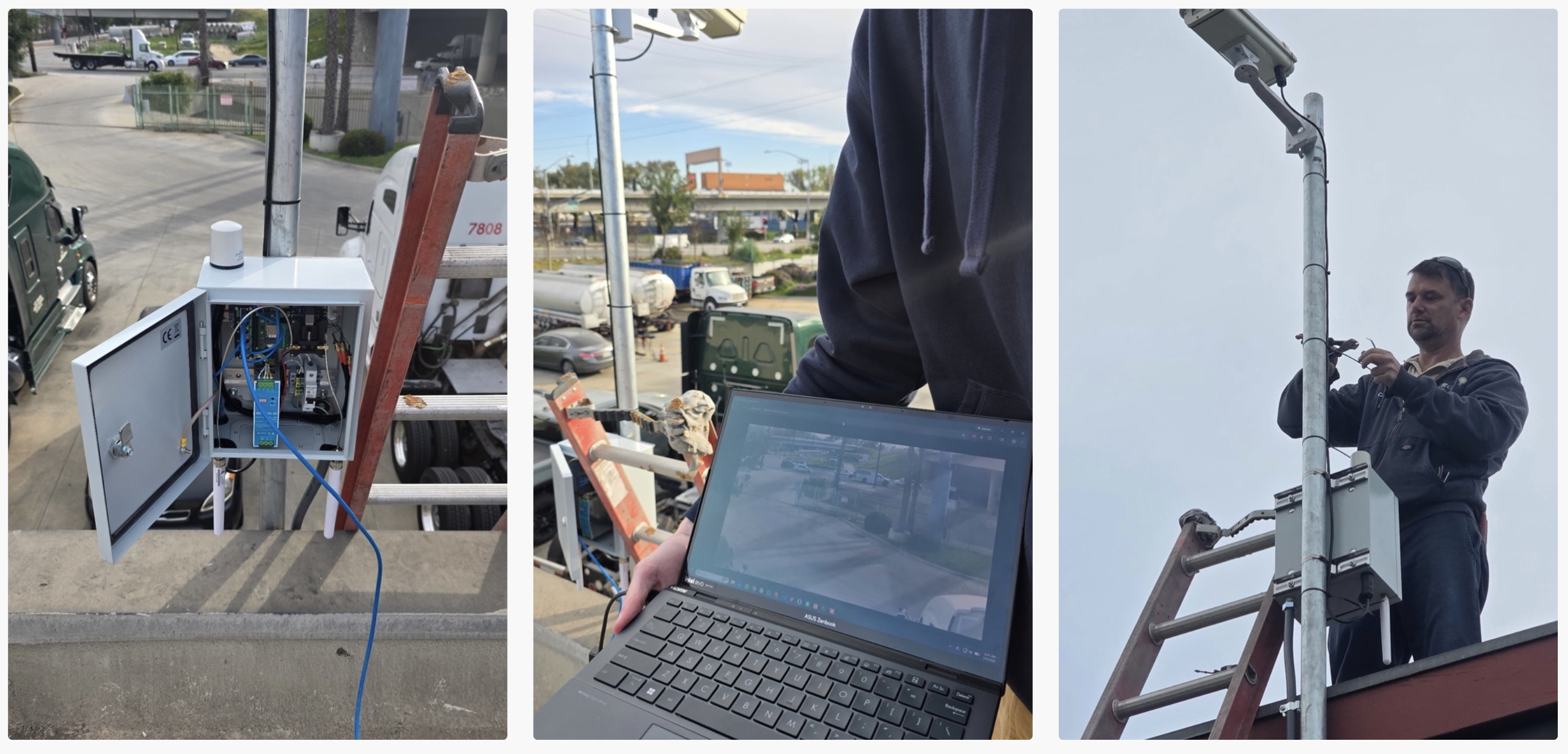 Three-panel field install collage: edge-box wiring on a rooftop near a truck yard, a laptop showing the camera feed mid-tuning, and a technician on a ladder mounting the pole-top camera.