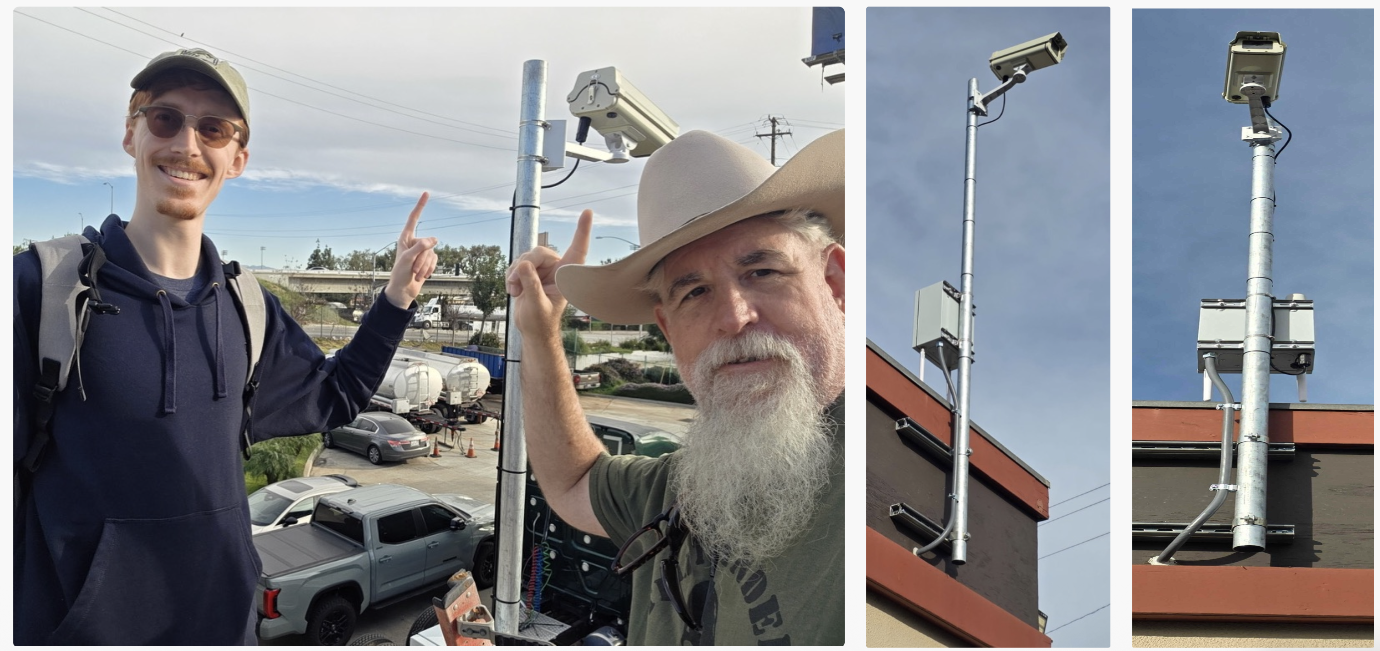 Three-panel collage: Iron Hornet field engineer and customer pointing up at a newly-mounted Iron Eyes camera on a metal mast above a working truck yard, plus two close-up portraits of the installed camera + edge box from below.
