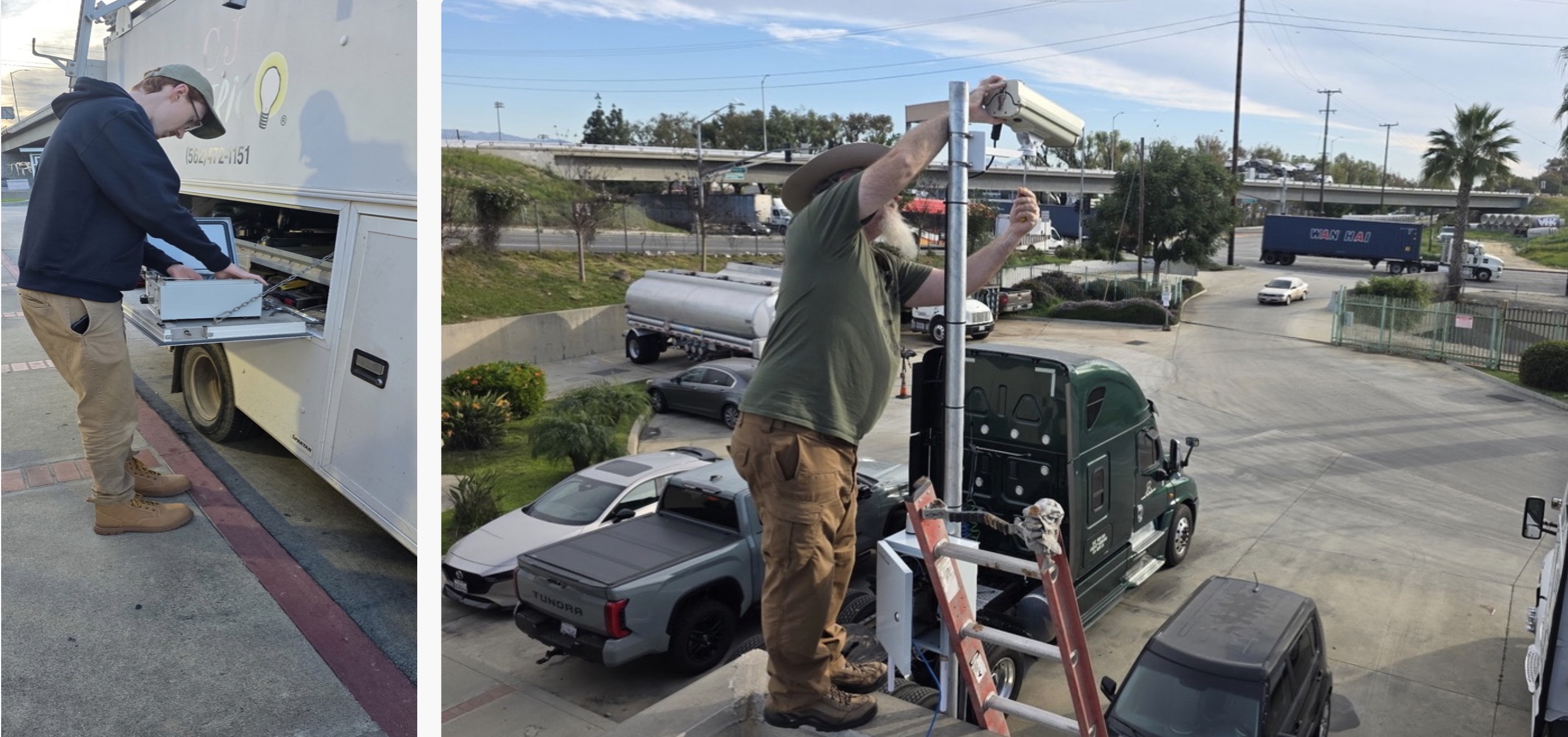 Two-panel collage: Iron Hornet engineer prepping the edge enclosure at the back of the service truck, then standing at height adjusting the camera head above a parked tractor in the customer's yard near the 710.