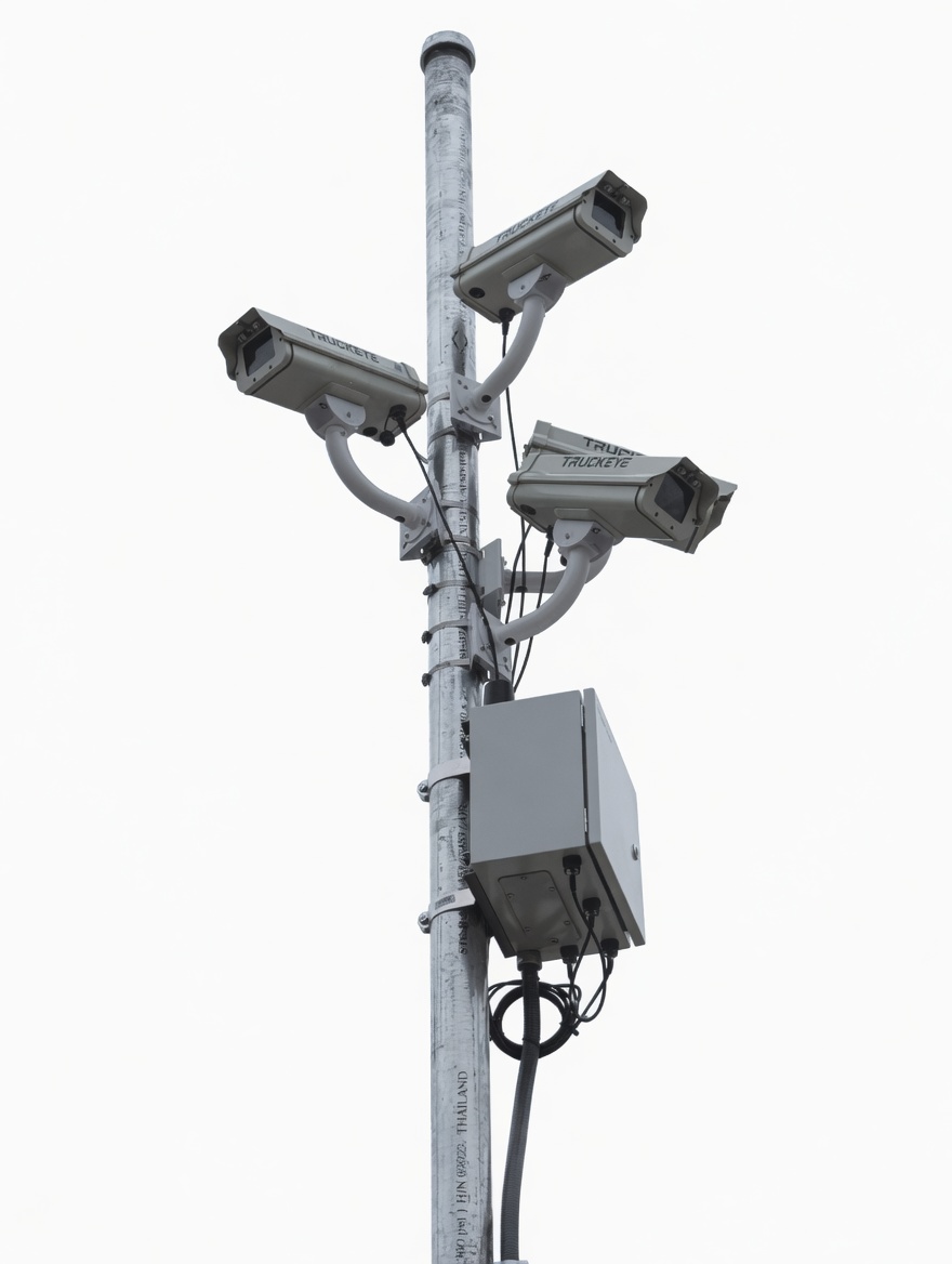 Iron Eyes — four-camera array on a galvanized pole with the IH edge box.