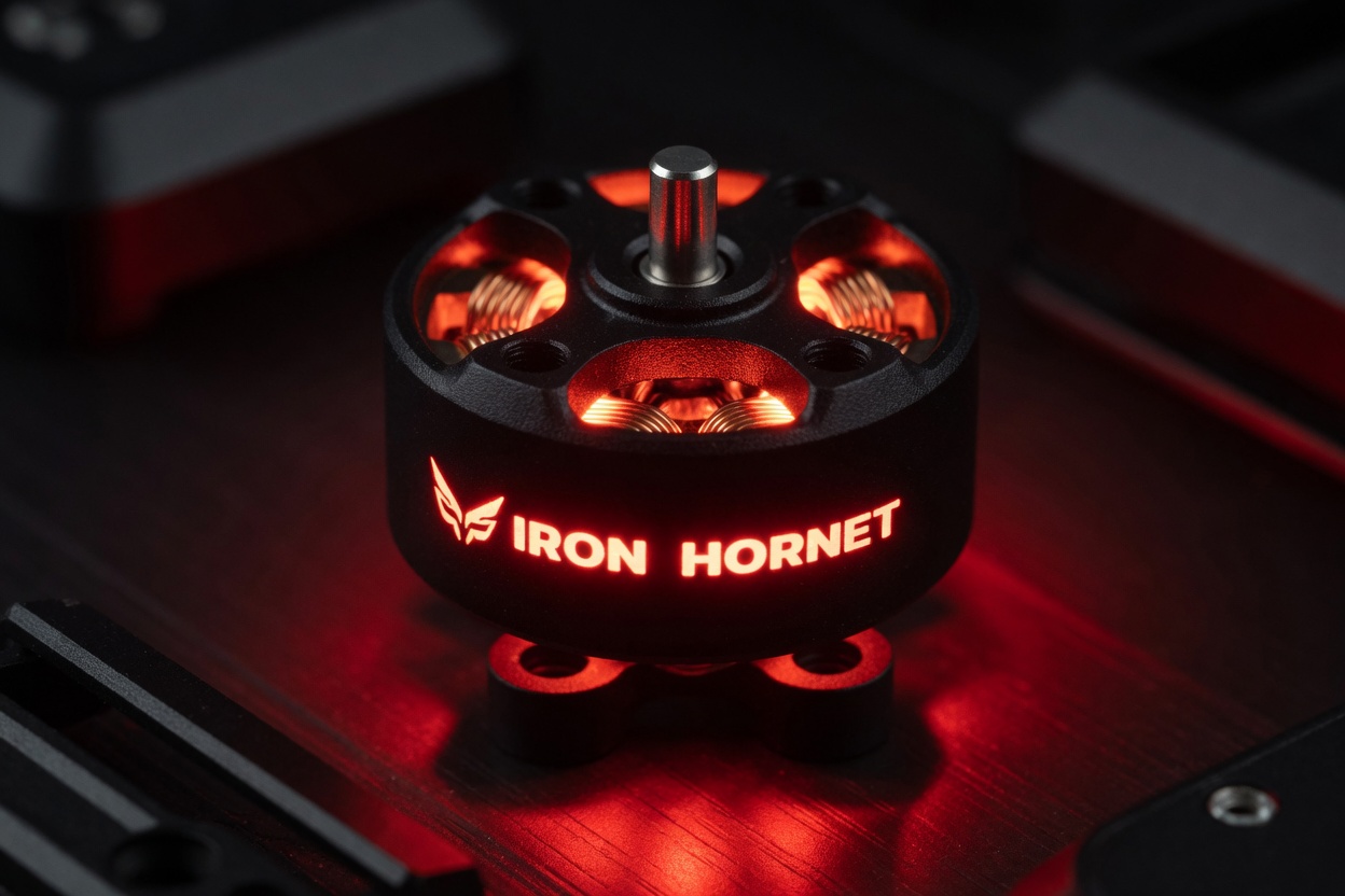 Iron Hornet branded brushless motor on a machined fixture, lit from below with crimson signature lighting.