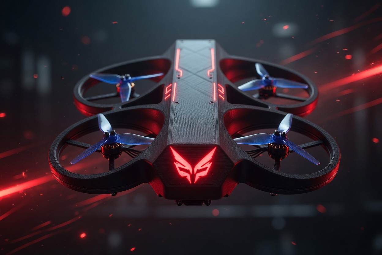 Iron Wings autonomous patrol drone in low-light flight, crimson signature lights illuminated, captured mid-maneuver.